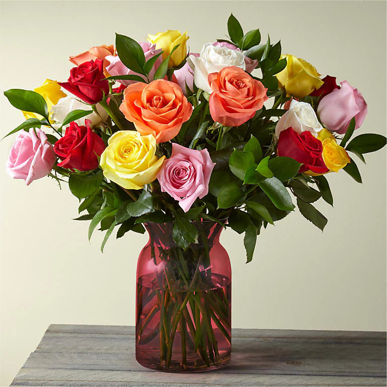 Mixed Roses with Red Vase – Family Roots Nursery