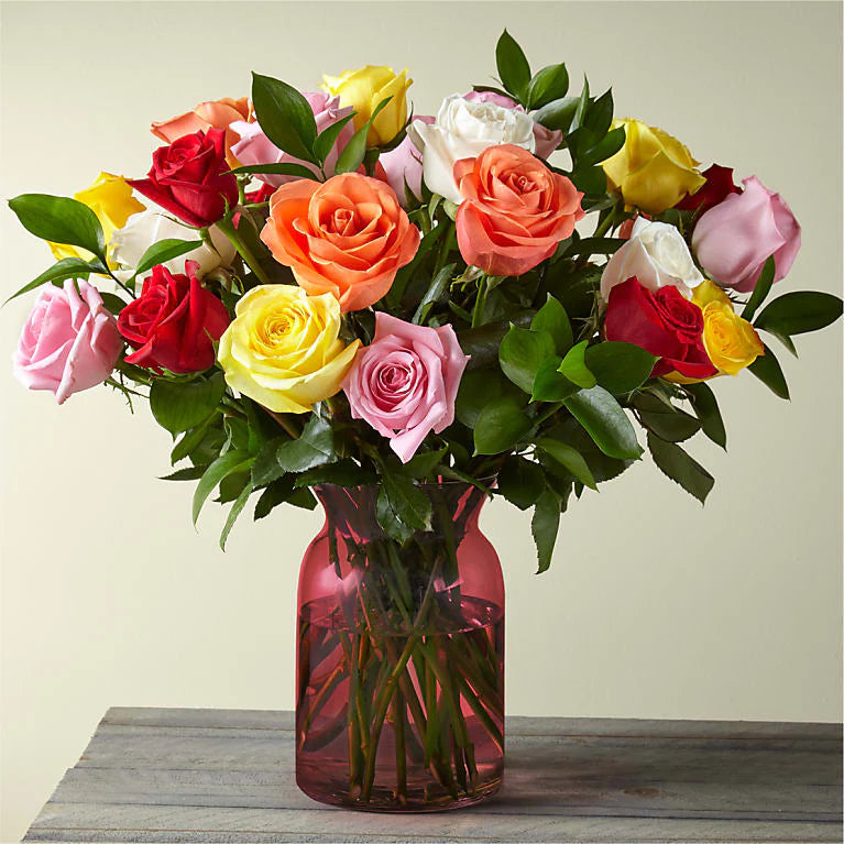 Mixed Roses with Red Vase