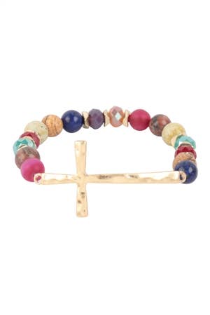HDB2998 - MIX BEADS HAMMERED CROSS BRACELET