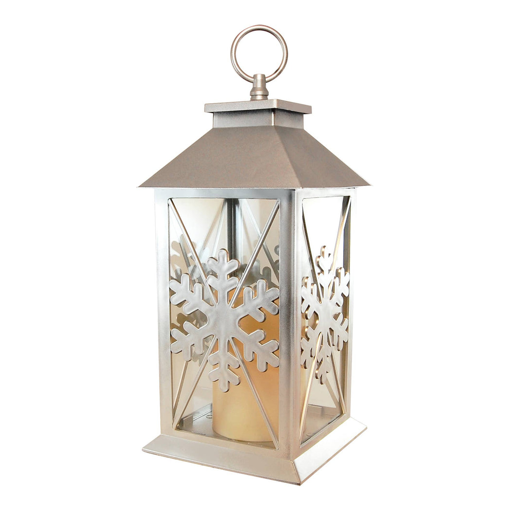 Silver Snowflake Lantern with Battery Operated Candle